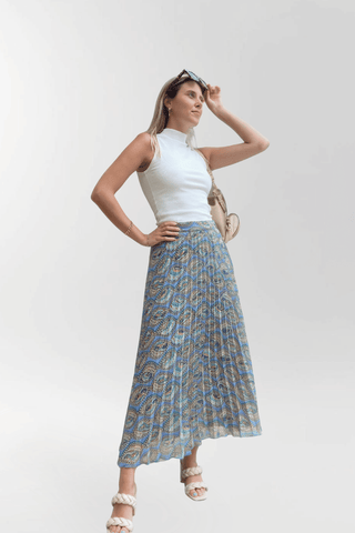 Harley Blue Chain Print Pleated Midi Skirt
