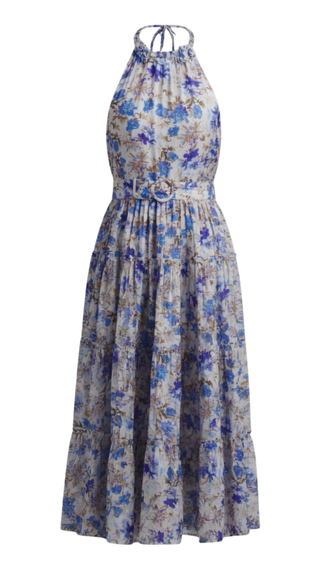 Floral patterned blue dress on a white background