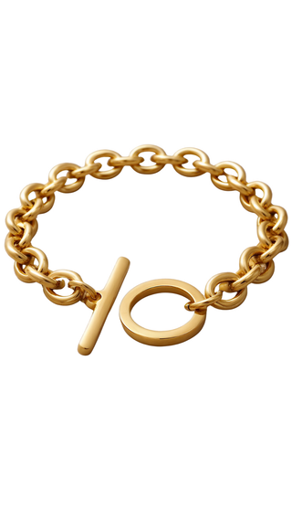 Gold chain bracelet with a toggle clasp on a white background