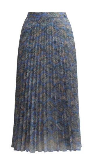 Blue Pleated Midi Skirt with a chain pattern