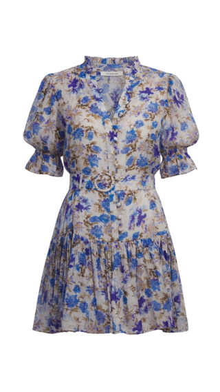 Floral dress with blue and purple flowers on a white frame, on a white background