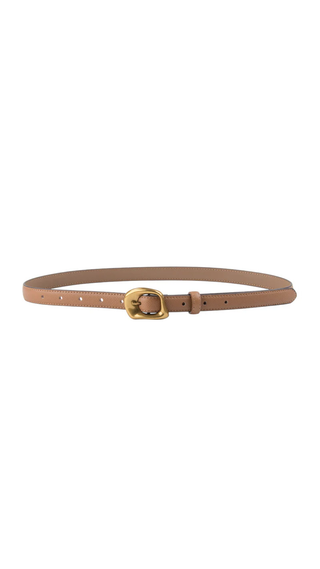 Tan belt with a gold buckle on a white background