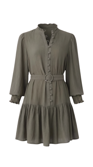 Sage green dress with long sleeves and a belt on a white background
