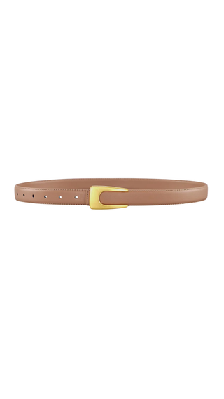Tan belt with a golden buckle on a white background