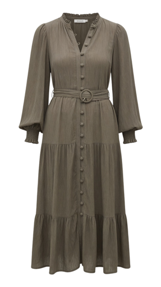 Long sage green tiered dress with a belt on a white background