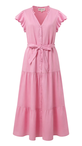 Pink dress with a belt on a white background