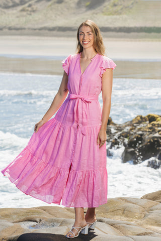 Valencia Pink Linen Tiered Midi Dress | Alma Gray