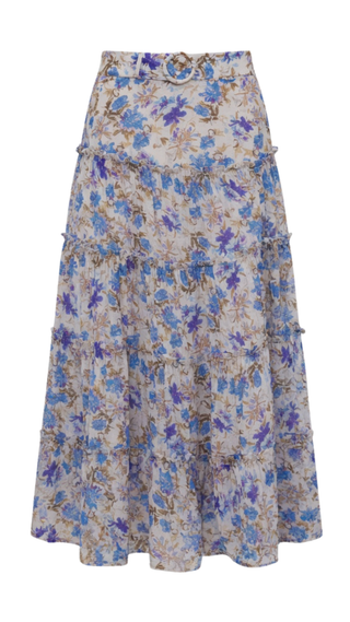 Floral patterned blue skirt on a white background
